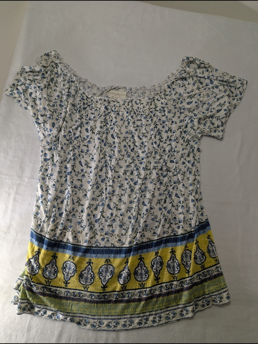 Bobbie Brooks White Floral Off-Shoulder Tunic with Blue and Yellow Border